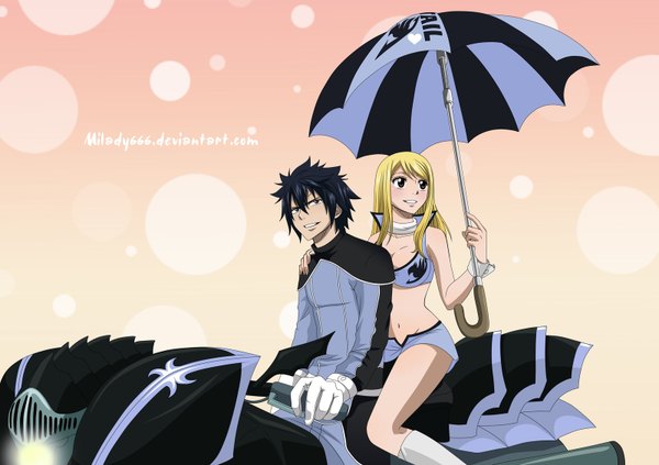 Anime picture 1600x1130 with fairy tail lucy heartfilia gray fullbuster milady666 long hair blush short hair black hair blonde hair smile brown eyes black eyes midriff girl boy gloves navel umbrella motorcycle