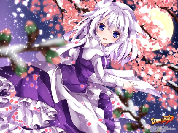 Anime picture 1600x1200 with touhou letty whiterock nanase nao single long hair looking at viewer blush fringe open mouth blue eyes signed purple hair white hair multicolored hair wind night night sky copyright name character names cherry blossoms