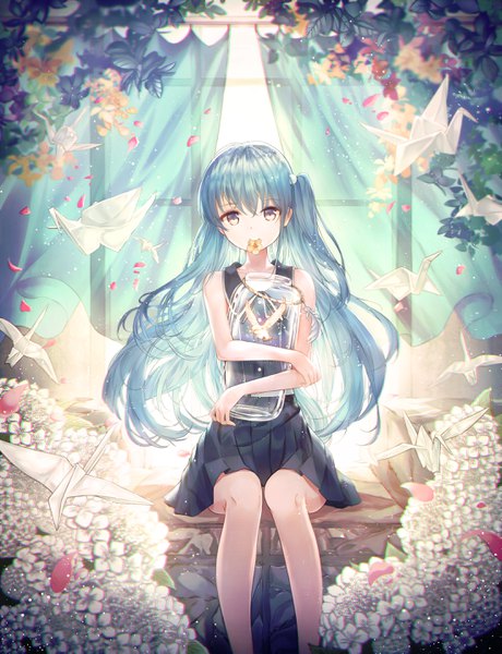 Anime picture 2200x2865 with original neiless neiro single long hair tall image looking at viewer fringe highres hair between eyes sitting bare shoulders holding blue hair pleated skirt one side up mouth hold backlighting transparent girl skirt