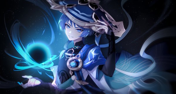 Anime picture 6451x3471 with genshin impact scaramouche (genshin impact) wanderer (genshin impact) so zei tama tama single looking at viewer highres short hair blue eyes wide image blue hair absurdres upper body sparkle magic adjusting hat boy hat bridal gauntlets vision (genshin impact)