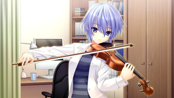 Anime picture 1280x720 with morobito kozorite (game) short hair blue eyes wide image blue hair game cg girl violin bow (instrument)