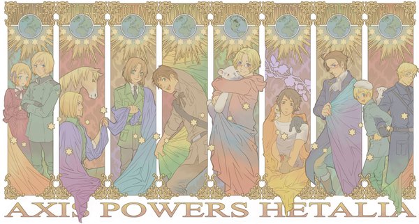 Anime picture 1716x921 with axis powers hetalia studio deen spain (hetalia) austria (hetalia) canada (hetalia) liechtenstein (hetalia) sweden (hetalia) greece (hetalia) switzerland (hetalia) finland (hetalia) lithuania (hetalia) poland (hetalia) blush highres short hair blue eyes blonde hair smile brown hair wide image