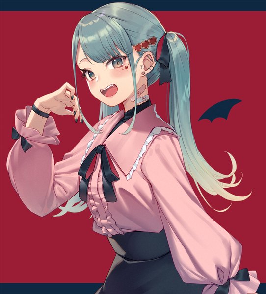 Anime picture 1037x1147 with vocaloid vampire (vocaloid) hatsune miku arl single long hair tall image looking at viewer blush open mouth simple background twintails payot upper body nail polish :d arm up black eyes aqua hair piercing