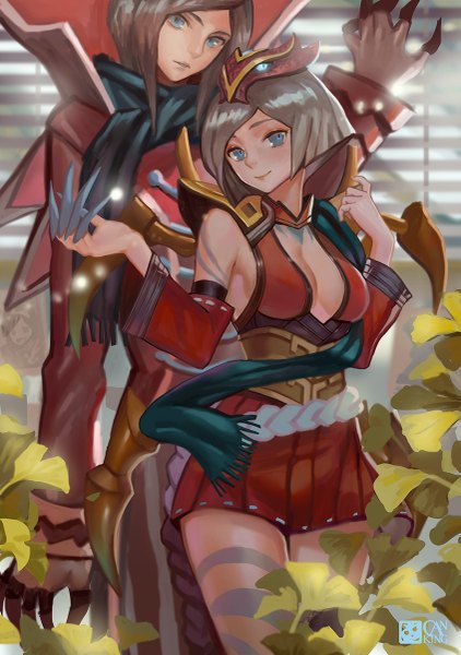 Anime picture 845x1200 with league of legends elise (league of legends) vladimir (league of legends) canking long hair tall image looking at viewer short hair breasts blue eyes light erotic black hair smile cleavage pleated skirt magic bob cut girl dress boy