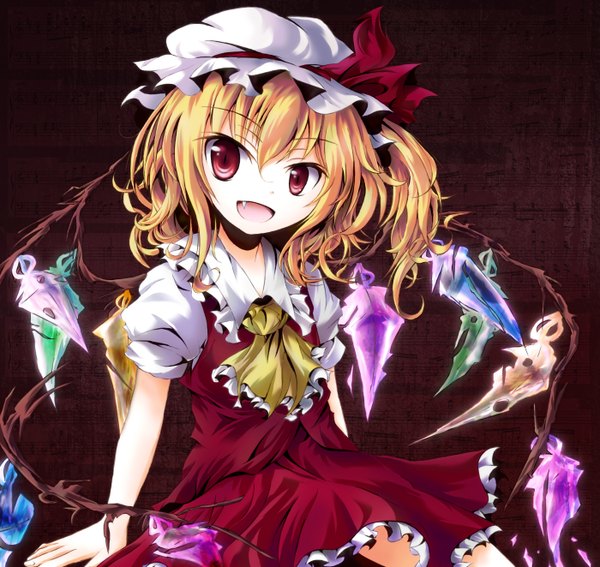 Anime picture 1400x1324 with touhou flandre scarlet tamago gohan single short hair blonde hair red eyes fang (fangs) girl bow hat wings