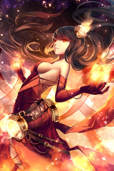 Anime picture 800x1200 with original skade single long hair tall image looking at viewer fringe breasts light erotic black hair red eyes large breasts bare shoulders looking back wind no bra from below sleeveless sideboob turning head