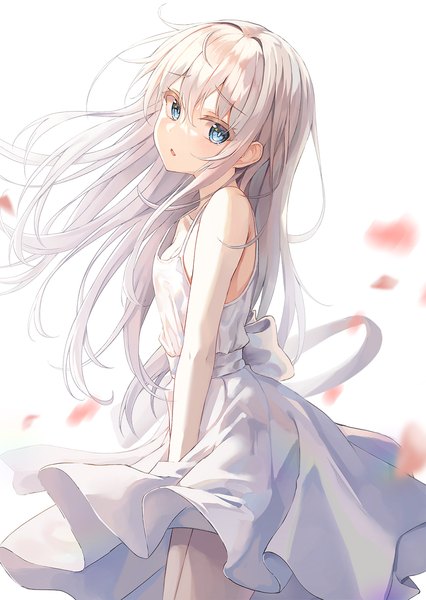 Anime picture 1000x1410 with original lkeris single long hair tall image looking at viewer blush fringe open mouth blue eyes simple background smile hair between eyes standing white background white hair wind sleeves past wrists girl thighhighs