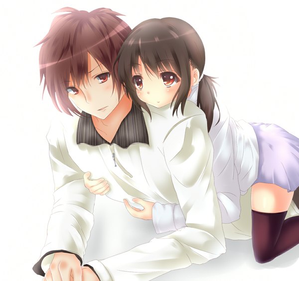 Anime picture 1062x1000 with hizumin blush short hair black hair simple background red eyes brown hair white background couple hug girl thighhighs boy black thighhighs