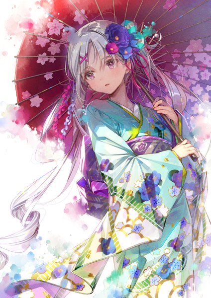 Anime picture 4000x5657 with original dsmile single long hair tall image blush fringe highres open mouth hair between eyes standing twintails holding looking away absurdres silver hair traditional clothes japanese clothes pink eyes hair flower