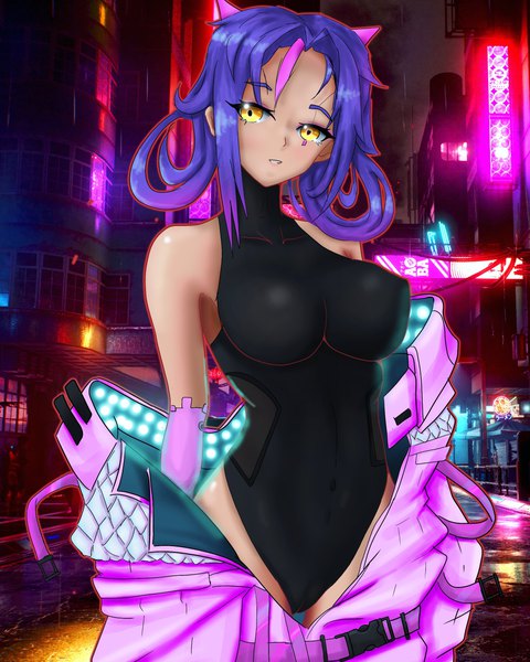 Anime picture 2160x2700 with original rainbow d fox single tall image looking at viewer fringe highres short hair breasts light erotic large breasts standing bare shoulders yellow eyes purple hair outdoors parted lips multicolored hair off shoulder night