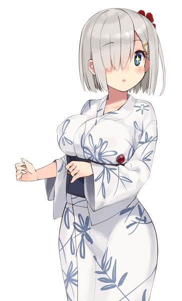 Anime picture 969x1600 with kantai collection hamakaze destroyer kuro chairo no neko single tall image blush fringe short hair breasts open mouth blue eyes light erotic large breasts standing signed payot silver hair traditional clothes japanese clothes hair flower