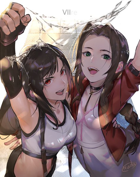 Anime picture 1200x1520 with final fantasy final fantasy vii final fantasy vii remake square enix tifa lockhart aerith gainsborough nuda long hair tall image looking at viewer open mouth black hair simple background smile red eyes brown hair standing multiple girls green eyes payot
