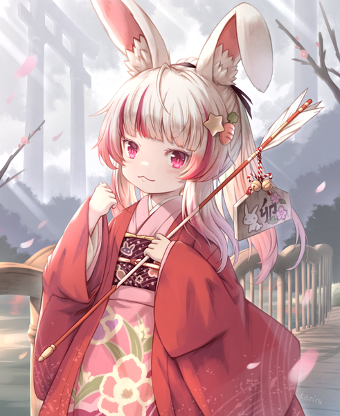 Anime-Bild 1008x1232 mit original khell single long hair tall image animal ears outdoors white hair ponytail traditional clothes japanese clothes pink eyes multicolored hair loli bunny ears streaked hair new year :3 girl kimono