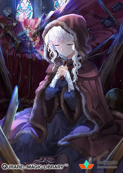 Anime picture 640x899 with qurare: magic library pierre l'ermite ice (ice aptx) single long hair tall image fringe breasts sitting white hair indoors eyes closed sparkle wavy hair hands clasped nun broken praying girl uniform