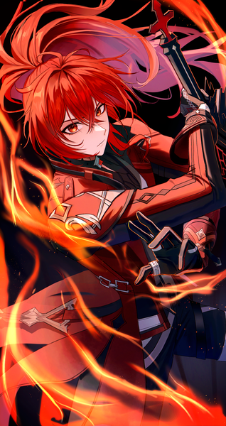 Anime picture 1291x2437 with genshin impact diluc ragnvindr diluc (red dead of night) (genshin impact) pponnya single long hair tall image fringe hair between eyes red eyes ponytail red hair from above official alternate costume boy gloves weapon sword black gloves ring