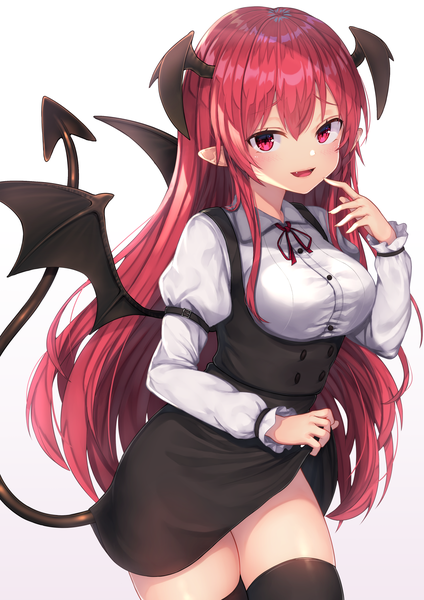 Anime picture 1447x2047 with touhou koakuma wowoguni single long hair tall image looking at viewer blush fringe breasts open mouth simple background smile hair between eyes red eyes standing white background payot red hair tail