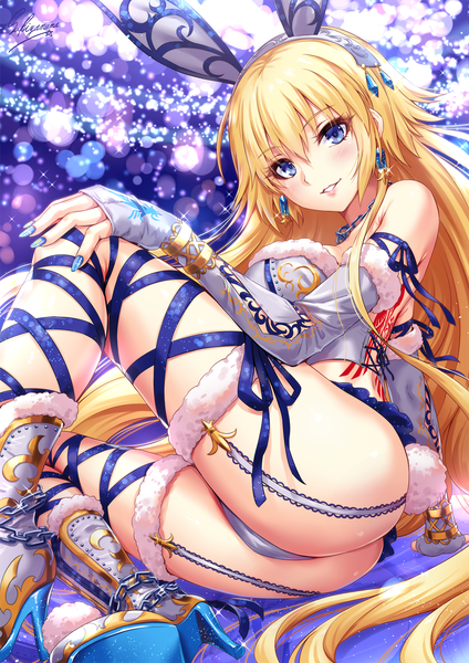 Anime picture 1000x1414 with fate (series) fate/grand order jeanne d'arc (fate) (all) jeanne d'arc (fate) sakiyamama single long hair tall image looking at viewer blush fringe breasts blue eyes light erotic blonde hair smile hair between eyes large breasts sitting bare shoulders