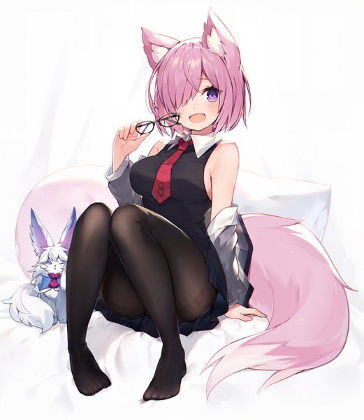 Anime picture 1130x1300 with fate (series) fate/grand order mash kyrielight fou (fate) muryotaro single tall image looking at viewer blush fringe short hair breasts open mouth light erotic simple background sitting purple eyes holding animal ears pink hair