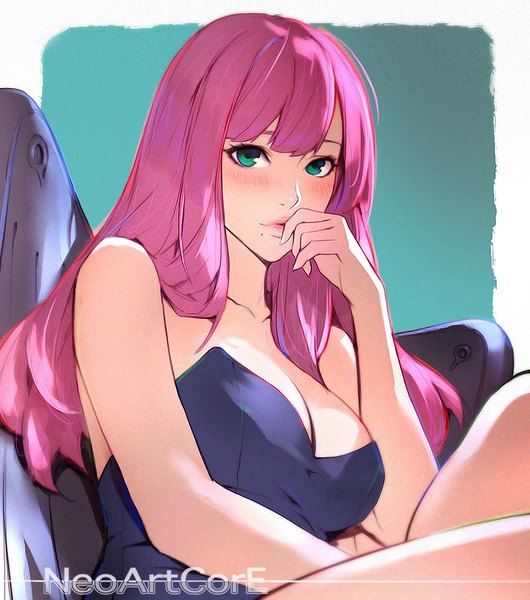 Anime picture 800x905 with original nudtawut thongmai single long hair tall image looking at viewer blush fringe breasts light erotic simple background large breasts sitting bare shoulders green eyes signed pink hair cleavage upper body lips