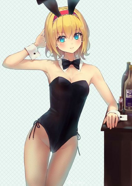 Anime picture 600x847 with touhou alice margatroid culter single tall image looking at viewer blush fringe short hair blue eyes light erotic blonde hair smile bare shoulders animal ears bunny ears fake animal ears girl pantyhose hairband