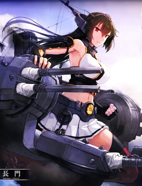 イラスト 4035x5277 と 艦隊これくしょん 長門(艦これ) shizuma yoshinori ソロ 長髪 長身像 カメラ目線 highres おっぱい 黒髪 赤い目 大きな乳房 肩出し absurdres scan 仕事絵 armpit (armpits) 絶対領域 smoke 女の子