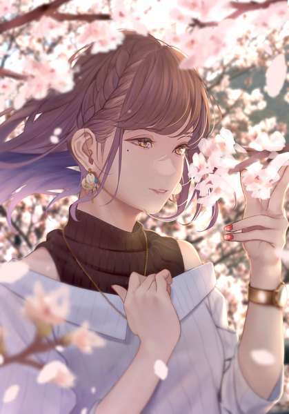Anime picture 1668x2388 with original saitou (lynx-shrike) single long hair tall image fringe brown hair brown eyes payot looking away upper body outdoors blunt bangs braid (braids) nail polish arm up light smile wind blurry off shoulder