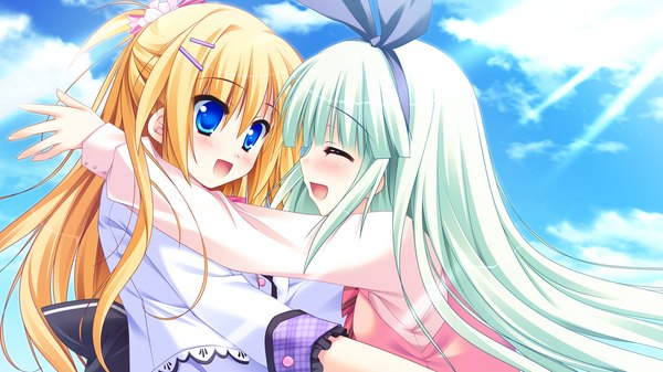 Anime picture 1280x720 with diamic days lump of sugar himenogawa kotora hatsushiba kisa sesena yau long hair open mouth blue eyes blonde hair wide image multiple girls game cg green hair loli girl 2 girls serafuku