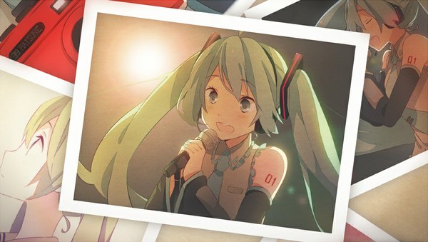 Anime picture 1000x565 with vocaloid hatsune miku non (artist) long hair blush open mouth blue eyes smile wide image bare shoulders eyes closed profile aqua hair singing multiple persona girl detached sleeves microphone photo (object)