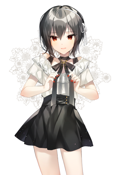 Anime picture 1000x1478 with original yuhi (hssh 6) single tall image looking at viewer blush fringe short hair open mouth black hair simple background hair between eyes red eyes standing white background bare shoulders holding nail polish pleated skirt fingernails