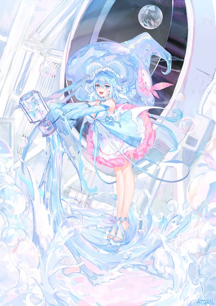 Anime picture 1100x1556 with vocaloid synthesizer v haiyi atdan single tall image looking at viewer blush fringe short hair open mouth blue eyes smile hair between eyes signed blue hair full body long sleeves :d high heels