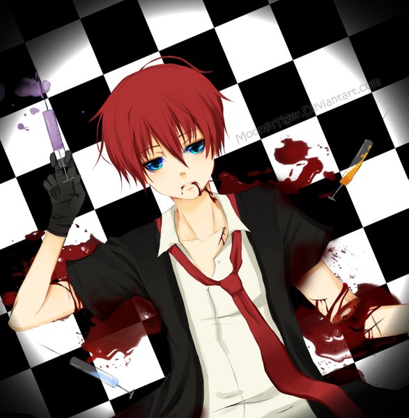 Anime picture 1421x1454 with original moonlittiger single tall image highres short hair open mouth blue eyes red hair aqua eyes checkered floor guro boy gloves necktie blood syringe