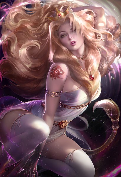 Anime picture 1026x1500 with original sakimichan single long hair tall image looking at viewer blush fringe breasts open mouth light erotic blonde hair signed yellow eyes tail animal tail lips realistic mole tattoo