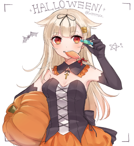 Anime picture 1100x1200 with kantai collection yuudachi destroyer sophie (sophie1925) single long hair tall image simple background blonde hair red eyes white background holding mouth hold halloween food in mouth remodel (kantai collection) girl gloves ribbon (ribbons) hair ribbon black gloves