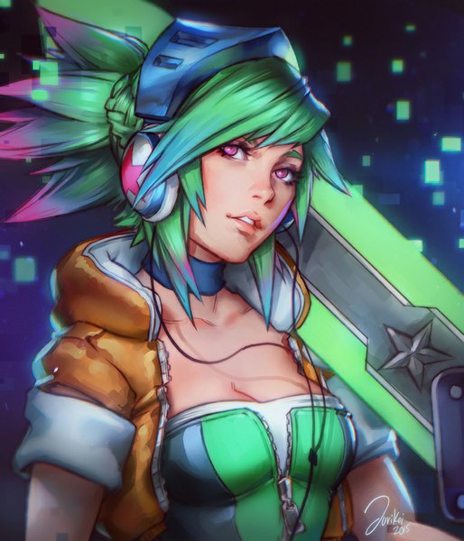 Anime picture 771x900 with league of legends riven (league of legends) arcade riven jurikoi single tall image looking at viewer fringe short hair breasts holding signed blue hair pink hair upper body braid (braids) parted lips pink eyes multicolored hair green hair