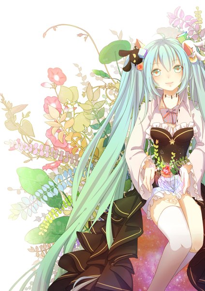 Anime picture 1000x1414 with vocaloid hatsune miku mame (yangqi787) single tall image looking at viewer fringe sitting twintails holding aqua eyes aqua hair alternate costume zettai ryouiki glow girl flower (flowers) bow plant (plants) frills