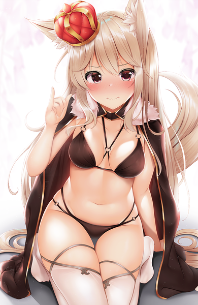 Anime picture 800x1231 with original minato (ojitan gozaru) single long hair tall image looking at viewer blush fringe breasts light erotic simple background blonde hair hair between eyes red eyes animal ears bent knee (knees) tail animal tail arm up arm support