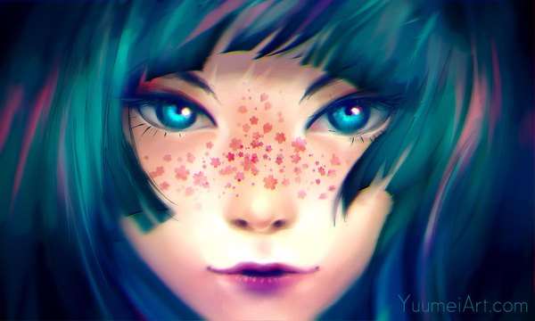 Anime-Bild 1500x900 mit original yuumei single looking at viewer fringe blue eyes wide image green eyes pink hair multicolored hair lips realistic two-tone hair floral print watermark close-up freckles girl