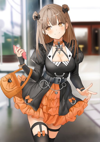 Anime picture 827x1169 with original lloule single long hair tall image blush fringe breasts smile brown hair standing holding brown eyes looking away cleavage indoors blunt bangs head tilt blurry hair bun (hair buns)