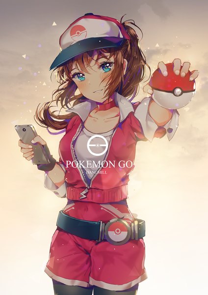 Anime picture 800x1132 with pokemon pokemon (game) pokemon go nintendo female protagonist (pokemon go) dangmill single long hair tall image looking at viewer blush fringe blue eyes simple background hair between eyes brown hair signed ponytail fingernails copyright name