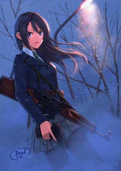 Anime picture 1812x2549 with original dreadtie single long hair tall image looking at viewer highres blue eyes black hair wind night light snowing winter snow serious bare tree fog girl skirt