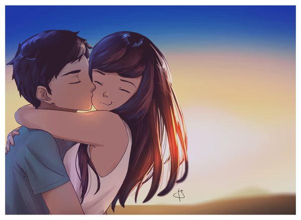 Anime picture 2588x1891 with original ar jart long hair fringe highres short hair smile brown hair signed eyes closed profile couple hug border evening sunset kiss cheek kiss girl boy