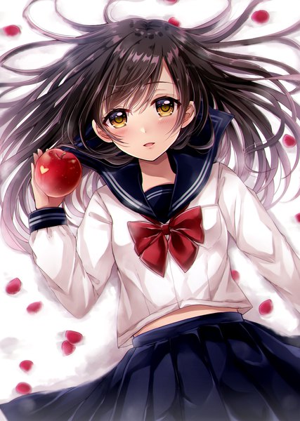 Anime picture 841x1181 with original sakura hiyori single long hair tall image looking at viewer blush open mouth black hair brown eyes girl uniform petals serafuku fruit apple