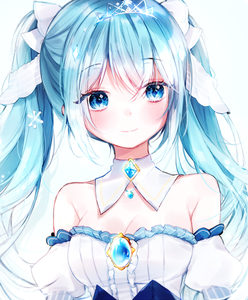 Anime picture 1200x1450 with vocaloid hatsune miku yuki miku yuki miku (2019) nare (17 junana) single long hair tall image blush breasts blue eyes simple background twintails looking away cleavage upper body aqua hair girl detached sleeves detached collar