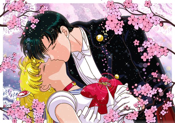 Anime picture 3577x2519 with bishoujo senshi sailor moon toei animation tsukino usagi sailor moon chiba mamoru tuxedo kamen riccardo bacci long hair fringe highres short hair black hair blonde hair twintails absurdres upper body eyes closed profile sparkle leaning