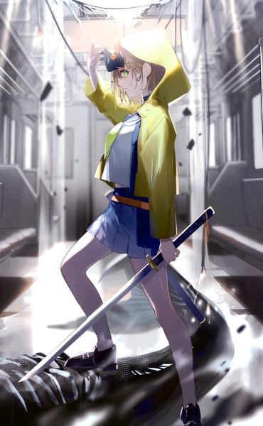 Anime picture 1849x3002 with original miwano rag single tall image fringe highres short hair brown hair standing holding green eyes looking away profile pleated skirt arm up scan open jacket mask on head train interior girl