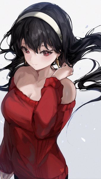 Anime picture 696x1230 with spy x family yor briar pla4neta single long hair tall image fringe black hair smile hair between eyes red eyes bare shoulders looking away cleavage from above girl earrings headband