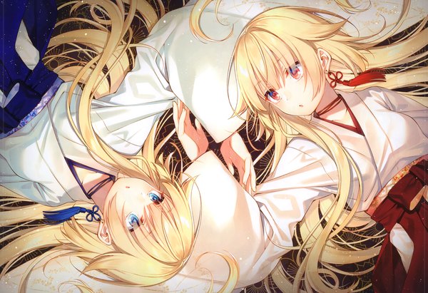 Anime picture 4880x3347 with original toosaka asagi long hair blush fringe highres breasts open mouth blue eyes blonde hair hair between eyes red eyes multiple girls absurdres lying long sleeves traditional clothes japanese clothes scan wide sleeves