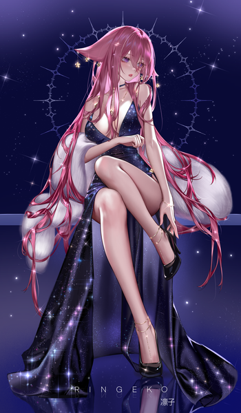 Anime picture 5261x9012 with genshin impact yae miko ringeko-chan single long hair tall image fringe highres breasts light erotic simple background hair between eyes large breasts sitting purple eyes animal ears looking away pink hair absurdres full body