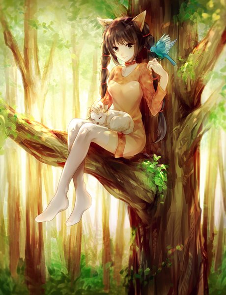 Anime picture 690x900 with original yuli (yulipo) single long hair tall image smile brown hair sitting twintails brown eyes animal ears bent knee (knees) eyes closed no shoes zettai ryouiki looking down sleeping sitting on person bird on hand headpat