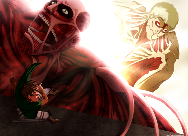 Anime picture 1648x1200 with shingeki no kyojin production i.g eren yaeger bertolt hoover reiner braun colossal titan armored titan enara123 open mouth green eyes eyes closed sunlight grin coloring giant blank eyes boy thigh boots cape